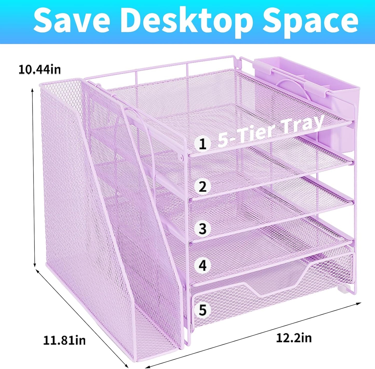 Desk Organizer, 5-Tier Paper Letter Tray Organizer with File Holder, Drawer and Pen Holder, Desktop Organizer for Office Supplies, Black