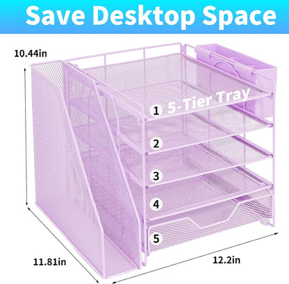 Desk Organizer, 5-Tier Paper Letter Tray Organizer with File Holder, Drawer and Pen Holder, Desktop Organizer for Office Supplies, Black