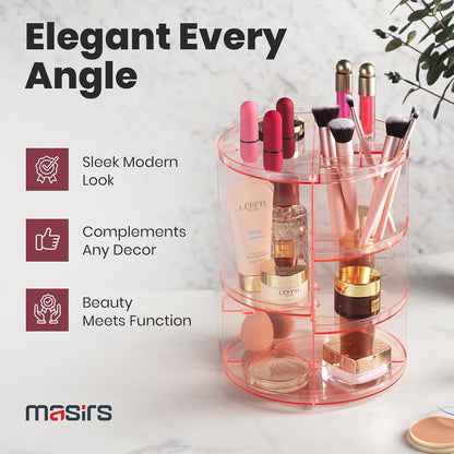 Masirs Small 360 Rotating Makeup Organizer - Mini Yet Spacious Cosmetic Storage Solution with Multiple Compartments - The Perfect Spinning Make-Up Caddy for Vanity or Bathroom Counter (Round - Clear)