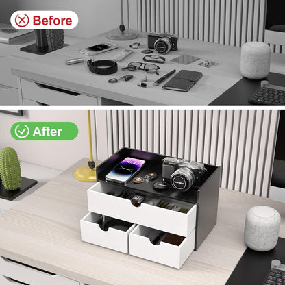 Desk Organizer with Drawers - Bamboo Desktop Organizer Storage | Wood Desk Drawers Organizer for Bills, Office Supplies, Cosmetics, Seals No Assembly Required (3 Drawer with Big Drawer)