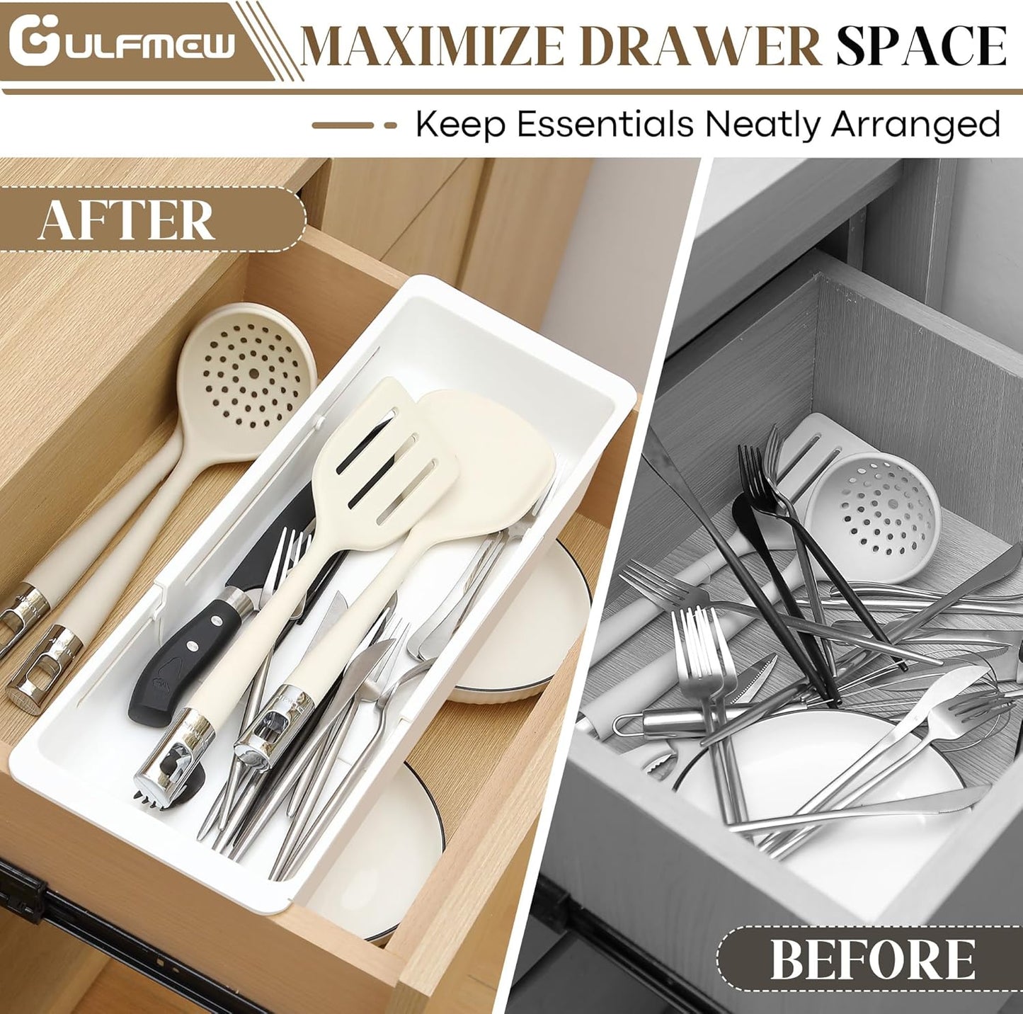 1 Pack Deep Drawer Organizer Bins, Sliding Drawer Organizer Bin Expandable and Adjustable Tray for Kitchen Utensils, Towels, BBQ Tools, Durable Plastic Sliding for Easy Storage (12.4-17.7")