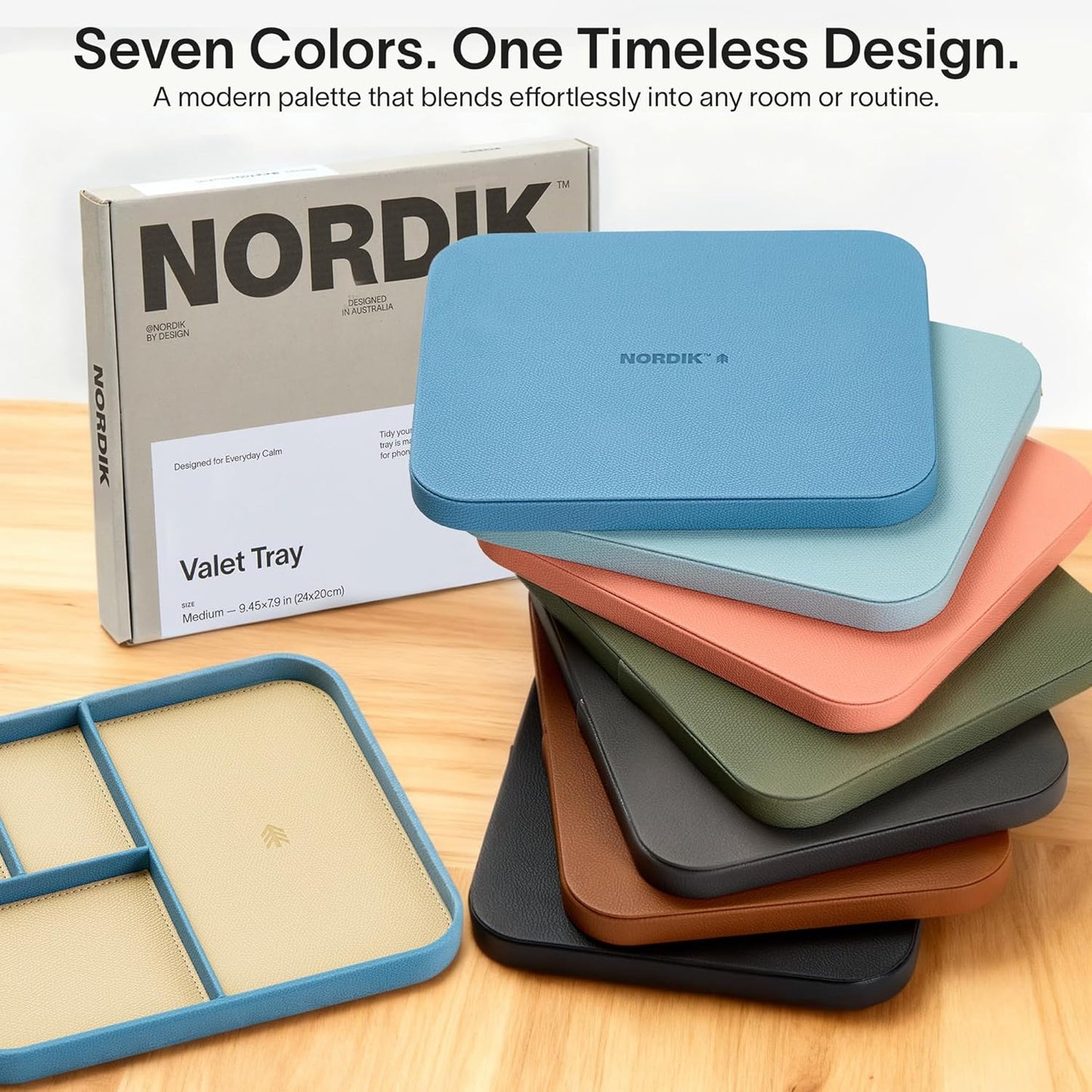 Nordik Leather Valet Tray - Pebble Black - 9.5 x 7.9 Inch Medium Vegan Leather Tray - Stylish Nightstand Organizer for Men - Modern Bedside Caddy - EDC Catchall for Key Watch Wallet Jewellery