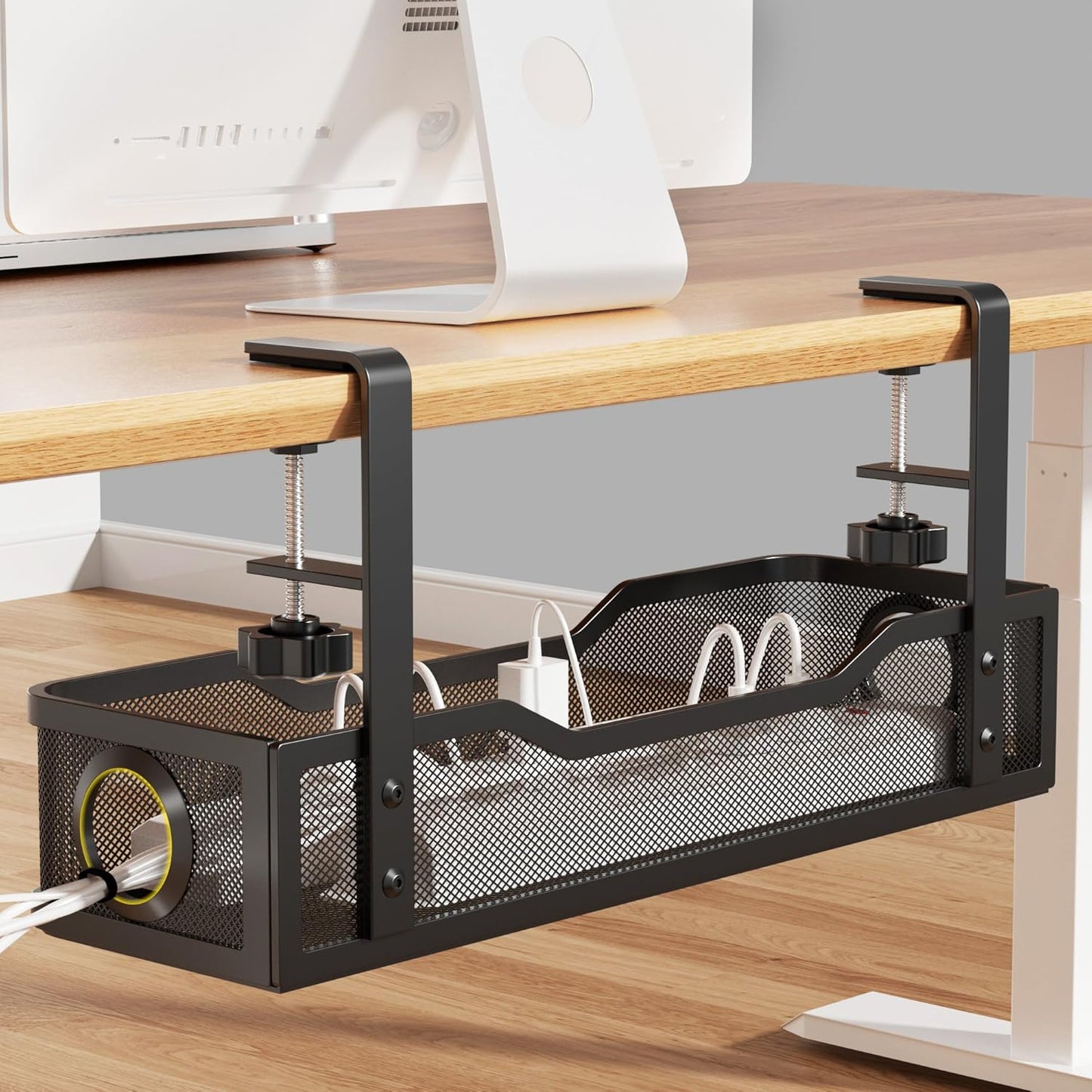 Under Desk Cable Management Tray White, Cinati Wire Organizers No Drill, Cable Tray with Clamp for Wire Management, Cord Organization Box for Office, Home - No Damage to Desk