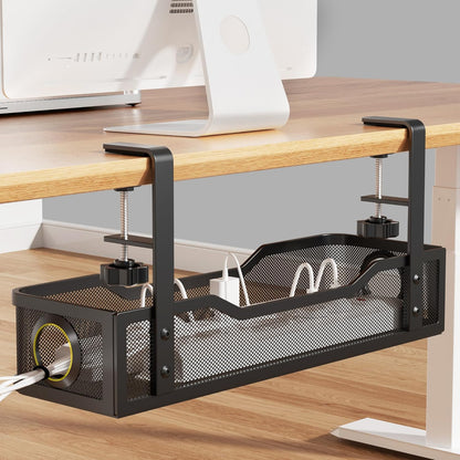 Under Desk Cable Management Tray White, Cinati Wire Organizers No Drill, Cable Tray with Clamp for Wire Management, Cord Organization Box for Office, Home - No Damage to Desk