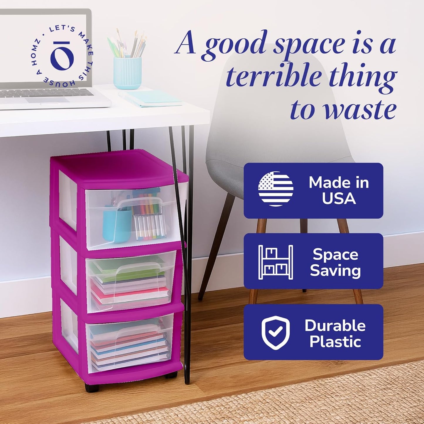 HOMZ Drawer Tower, 3-Tier Rolling Storage Cart with Removable Wheels, White Frame – Plastic Organizer with Clear Bin Drawers for Bedroom, Bathroom, Home Office, and Dorm Room