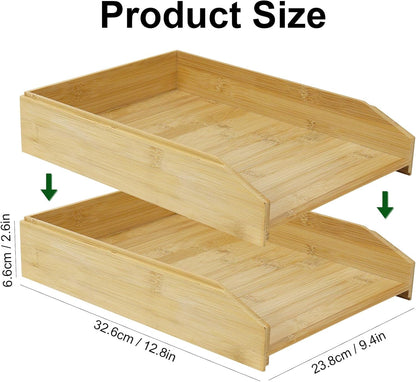 MultiBey A4 Bamboo Stackable Paper Tray 2-Pack, 2-Tier Anti-Toppling Desk Organizer, Wooden Letter Document Magazine Tray Desktop File Folder Holder for Office & Home Supplies