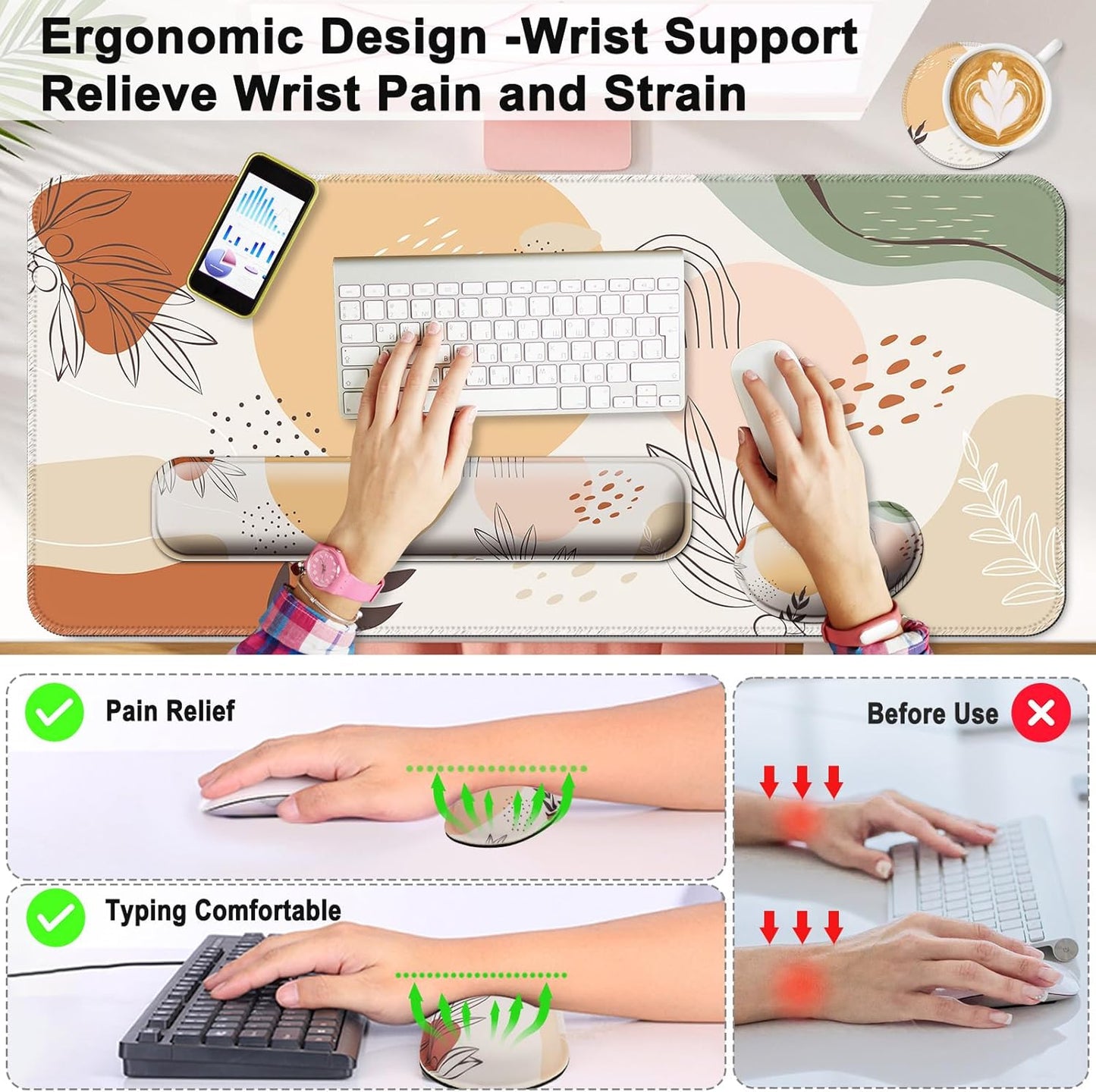 Keyboard Wrist Rest + Mouse Pad with Wrist Support + Desk Mat + Coaster 4 in 1 Set, XXL Large Gaming Mousepad Cute Ergonomic Mouse Pads for Desk Computer Laptop Office Decor-Beach