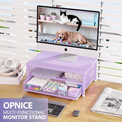 OPNICE Computer Monitor Stand Riser, Desk Organizer with Drawer, Printer & Laptop Stand, Office Desk Accessories & Workspace Desktop Organizers Storage for Office Supplies(Brown)