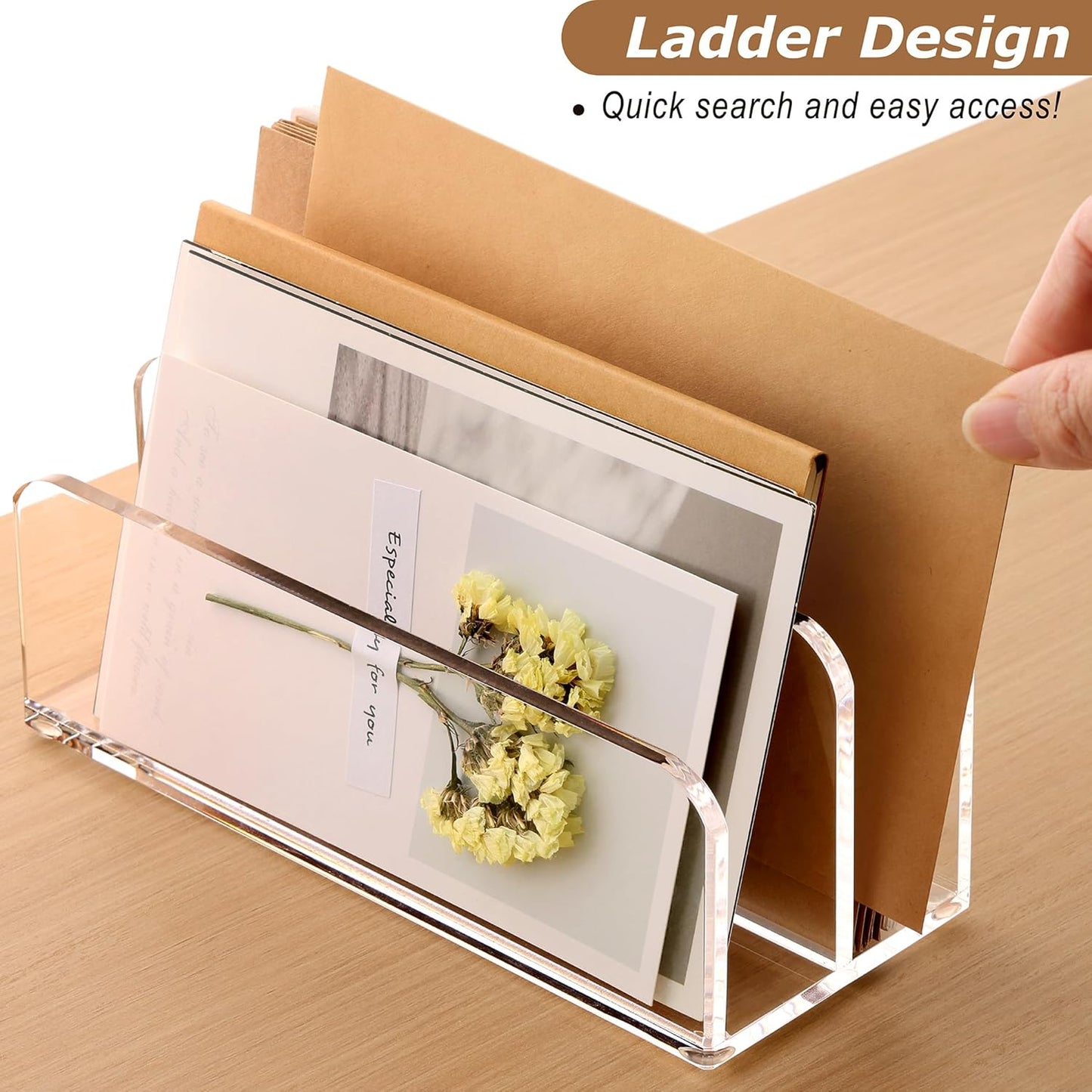 SANRUI 5 Compartments Acrylic Mail Sorter Holder, Clear Document Magazine Envelope File Rack, Vertical Letter Sorter & Multifunction Desk Organizer for Bills, Documents, Notebooks
