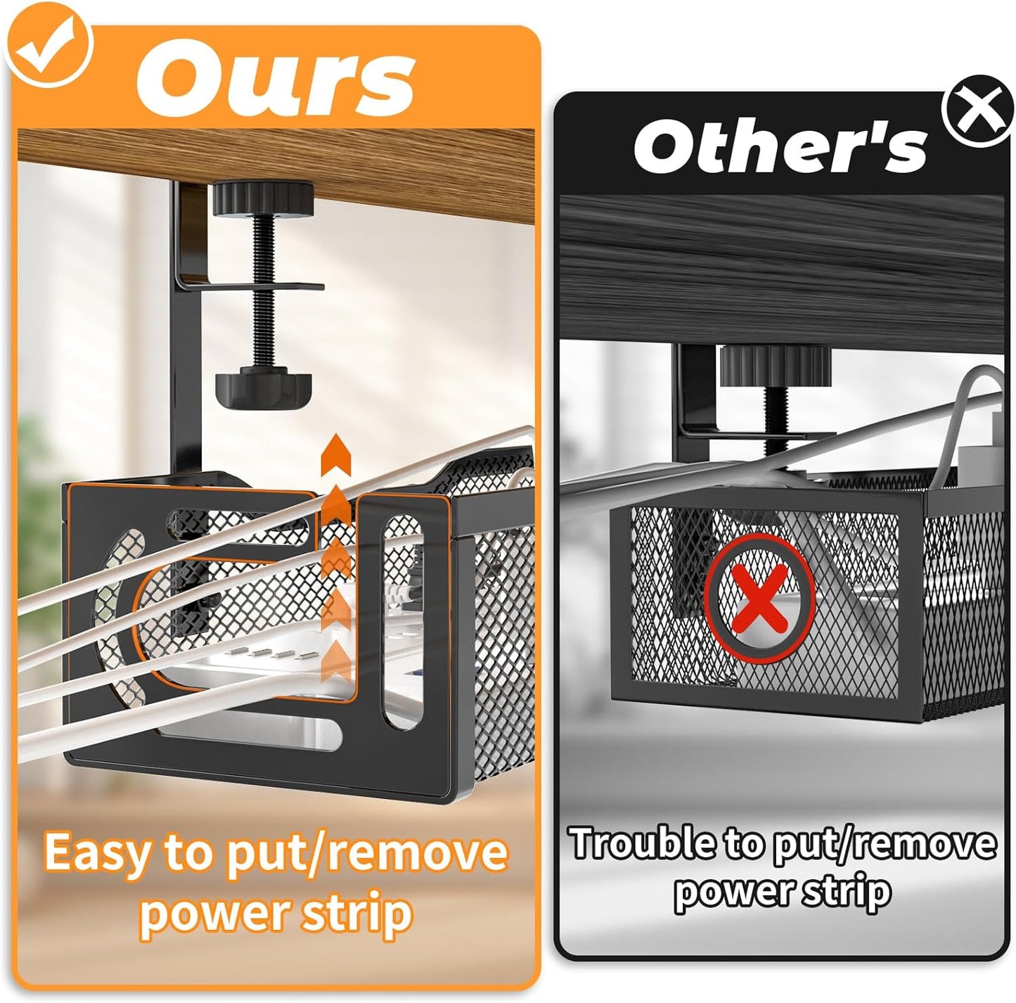 Under Desk Cable Management Tray, 15.7'' No Drill Steel Desk Cable Organizers, Wire Management Tray Cable Management Rack (1 Pack-Black)