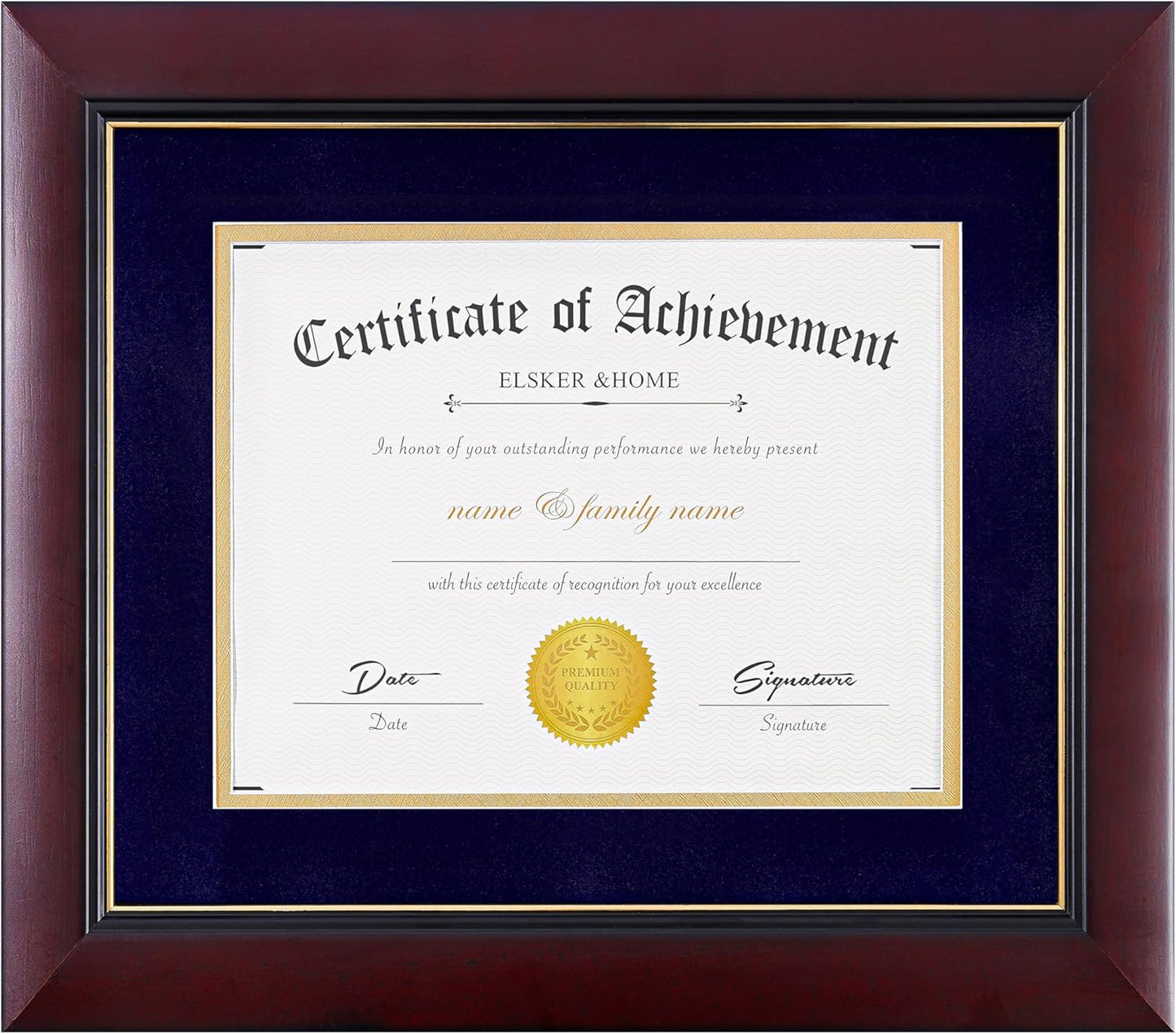 ELSKER&HOME Diploma Frame - Wide Solid Wood Frame - Black Velvet Golden Rim Mat - Semi-Tempered Glass - Includes Hanging Hardware and Desktop Easel(ONLY Display 11×14 Document/Certificate)