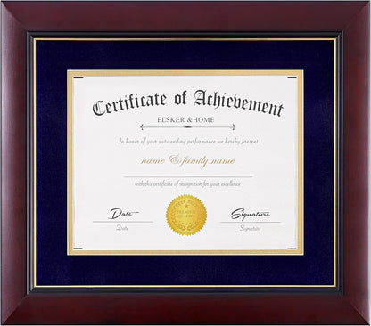ELSKER&HOME Diploma Frame - Wide Solid Wood Frame - Black Velvet Golden Rim Mat - Semi-Tempered Glass - Includes Hanging Hardware and Desktop Easel(ONLY Display 11×14 Document/Certificate)