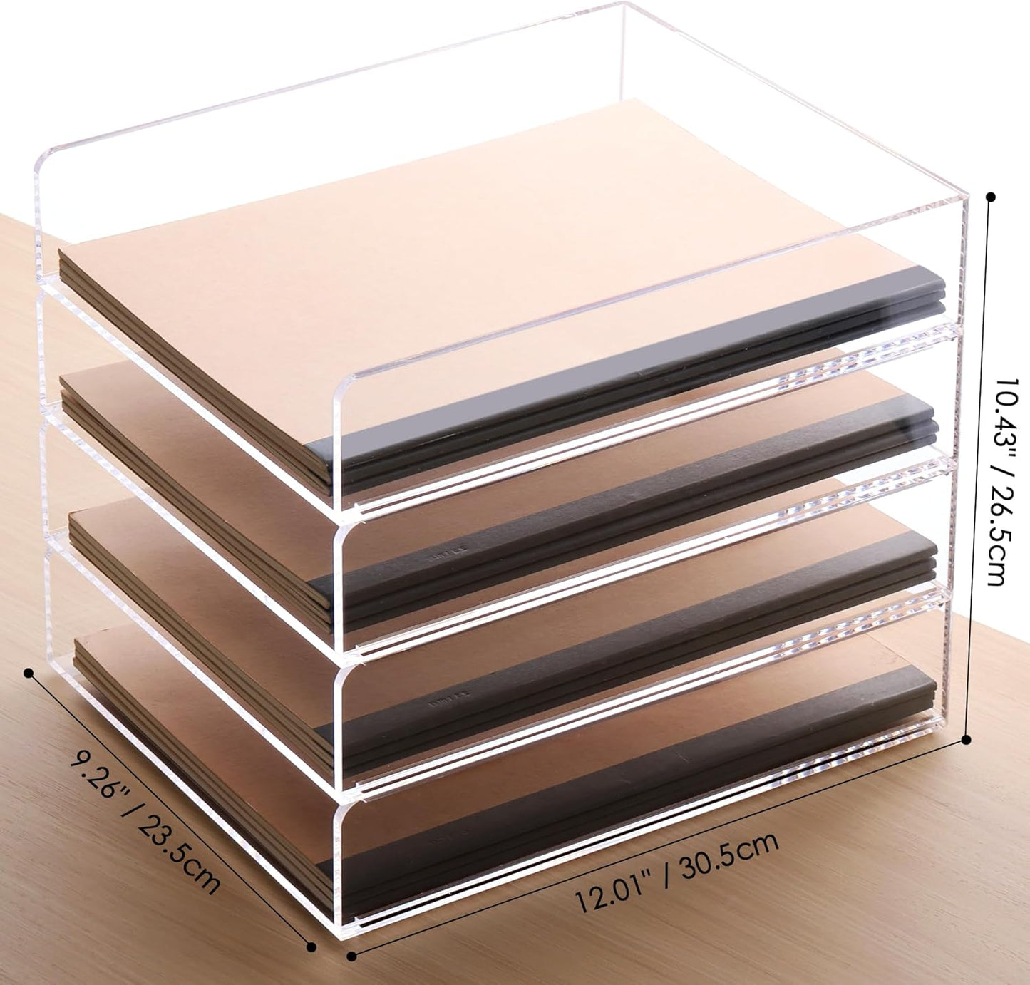 SANRUI 4-Tier Acrylic Stackable Desk Organizer Trays – Clear Vertical Paper Tray for A4/Letter Files, Folders & Office Supplies – Modular Desktop Storage Shelf, Workspace & Home Organization