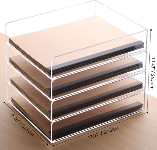 SANRUI 4-Tier Acrylic Stackable Desk Organizer Trays – Clear Vertical Paper Tray for A4/Letter Files, Folders & Office Supplies – Modular Desktop Storage Shelf, Workspace & Home Organization