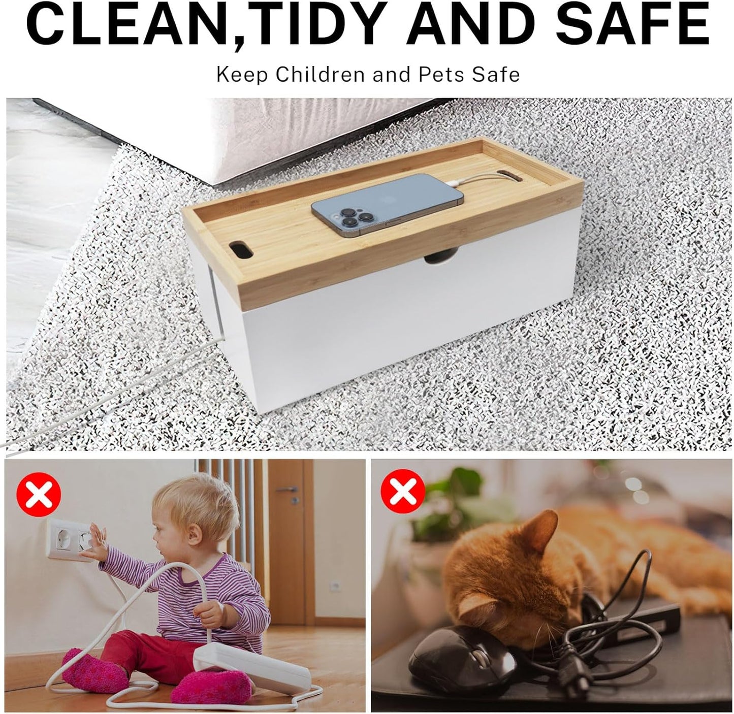 Bamboo Cable Management Box, Large Cord Organizer Box Cable Box to Hide Wires & Power Strips for Desktop Storage Cord Holder for Office Home,No Assembley Required (All White, Large)