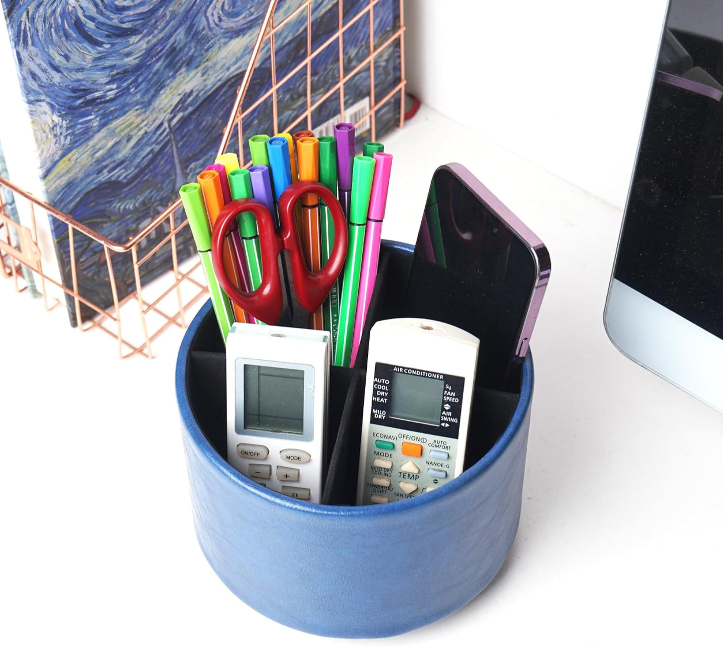 Hennaja Round Leather Art Supply Organizer,Remote Control Holder,360 Degree Rotating,Multi-Functional Pencil Holder,4 Compartments Desktop Stationary Organizer(1-Blue Bird) - Colors B