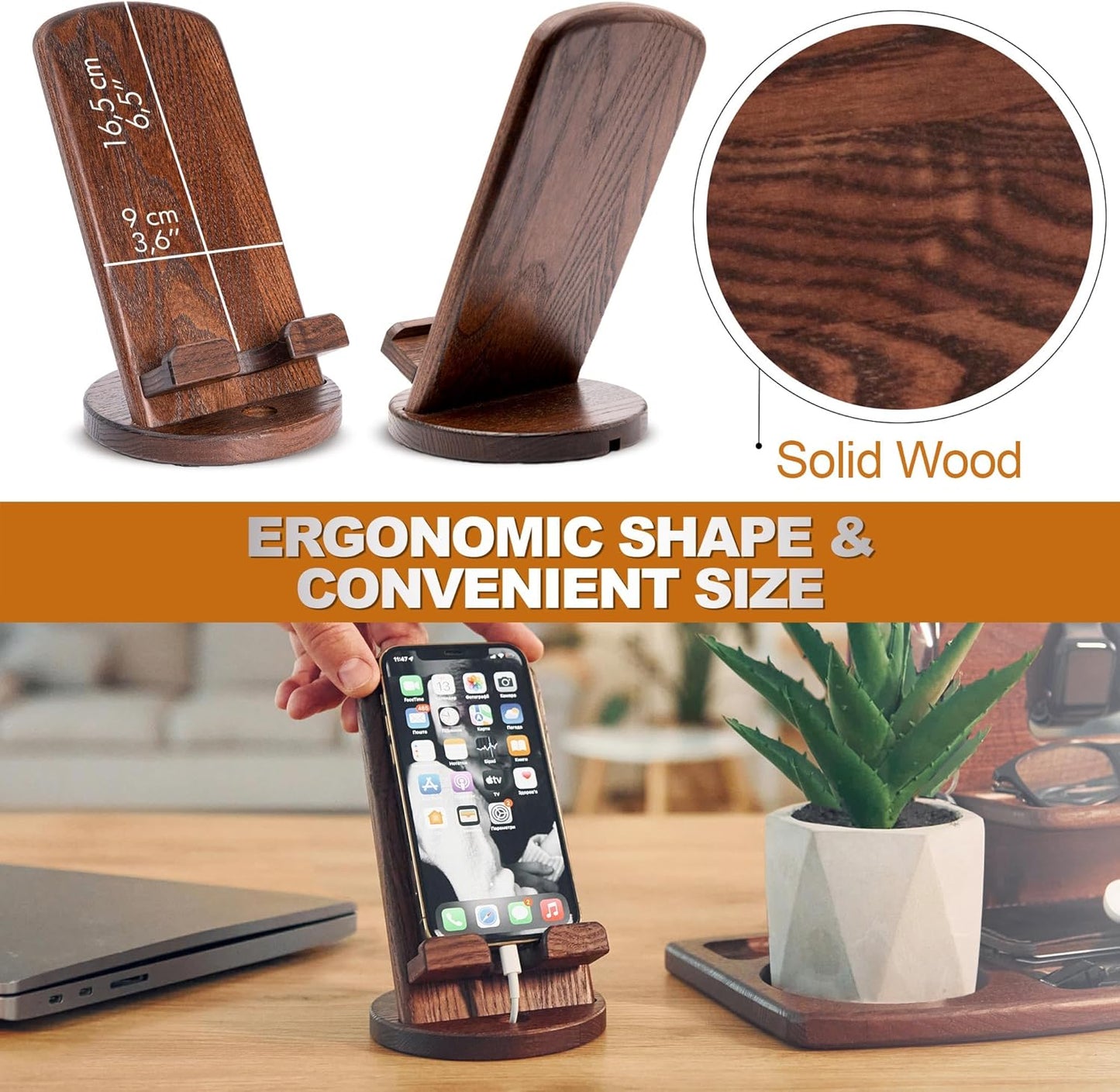TESLYAR Wood Cell Phone Stand – Elegant Phone Holder for Nightstand & Desk | Portable Office Gift for Men, Dad & Husband | Compatible with iPhone & Android