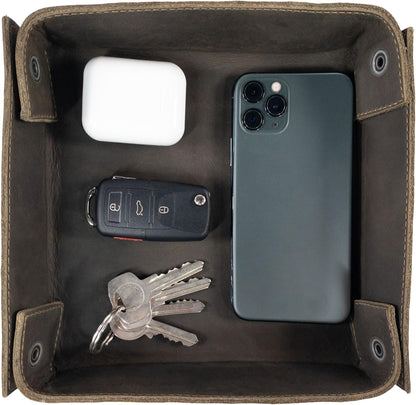 Hide & Drink, Leather Catchall Tray, Easy Access Organizer for Keys, Coins, Change, Jewelry, Watches, Smartphones, Durable, Vintage Style, Handmade :: Bourbon Brown