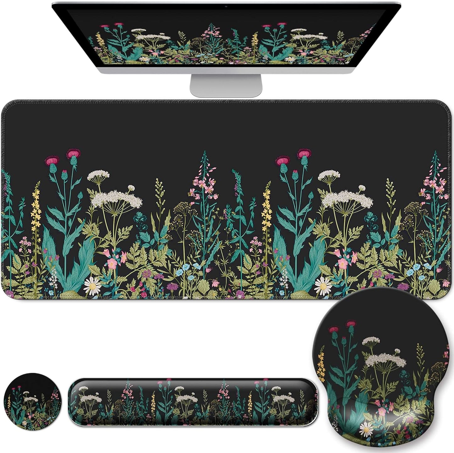 Desk Mat Set + Keyboard and Mouse Pad with Wrist Rest Support,4-in-1 Large Mousepad Computer Mats for Desktop Home & Office-Purple Butterflies