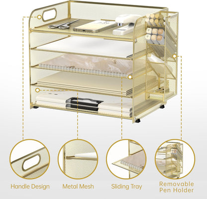 SUPEASY 5 Tier Desk Organizer with Handle & Removable Pen Holders, Mesh Paper/File Organizer for Desk, Paper Letter Tray Organizer for Office Supplies (Black)