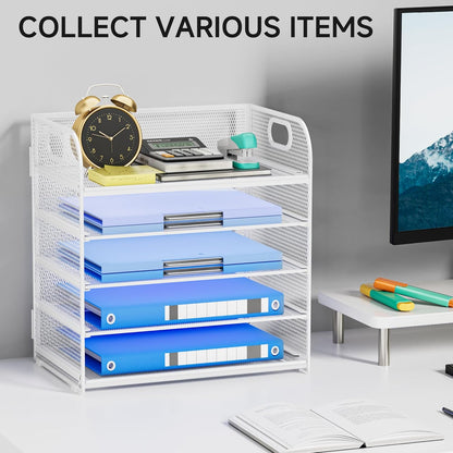 Paper Organizer Letter Tray with Handle, 5-Tier Black Stackable Desk Organizer with Metal Mesh, Sturdy Paper Tray for Office Desk, Home & Classroom Supplies Storage