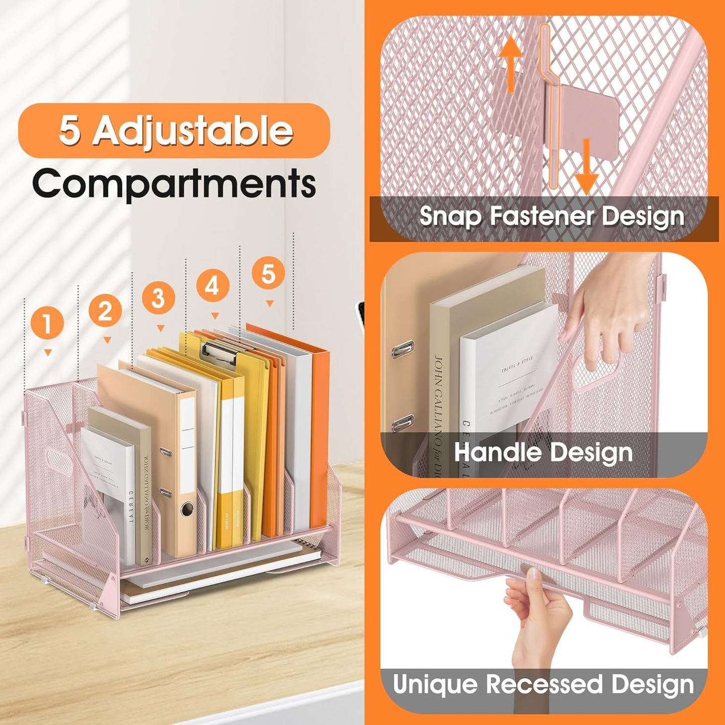 Desk File Folder Holder Organizer-5 Vertical Compartments Racks and Paper Letter Tray,Mesh Magazine File Holder Sorter,Desktop Accessories & Workspace Organizers for Home,Office,School-Black