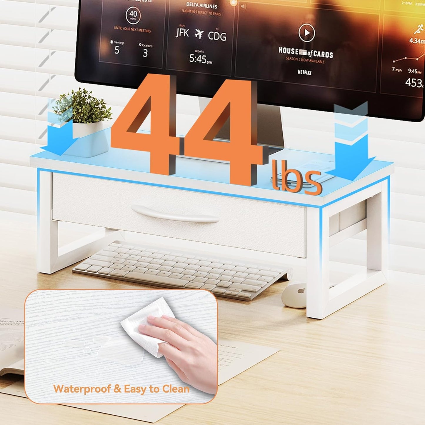 Desk Organizers and Accessories, Computer Monitor Stand Riser with Fabric Drawer, 2-Tier Laptop Stand for Desk, Office Organization Accessories, Pink