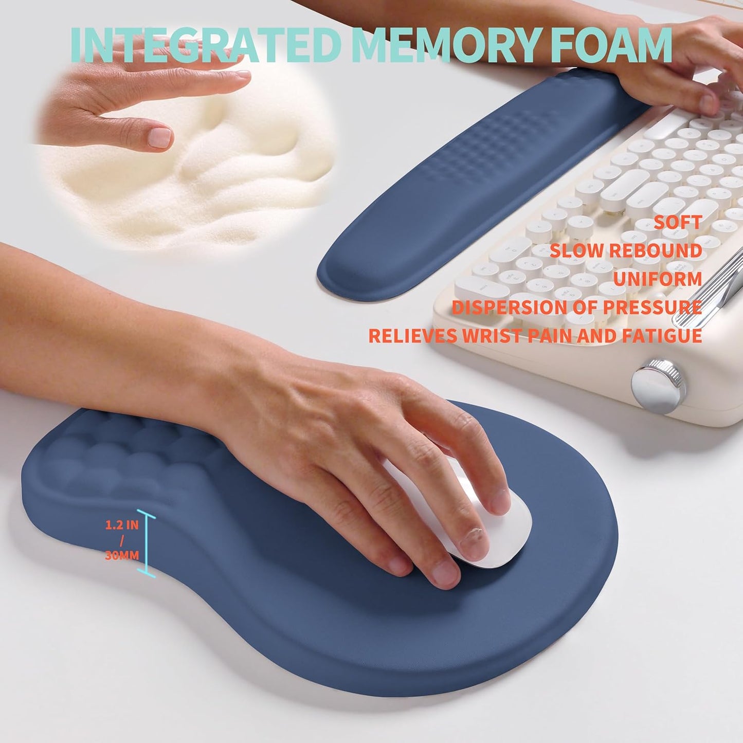 2-in-1 Ergonomic Set, Wave Rise Keyboard Wrist Rest and Massage Bulge Slope Mouse Pad Wrist Support, Cushion Memory Foam Integrated to Relieve Wrist Pain, Black