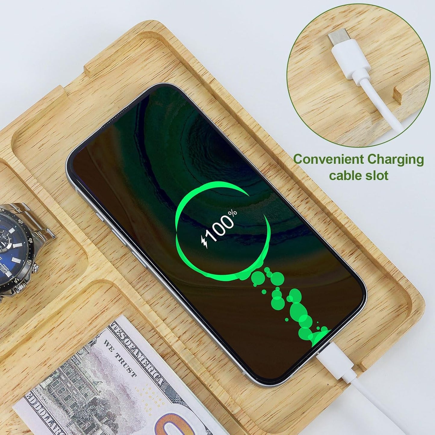 MultiBey Walnut Wood Valet Tray - Wooden Nightstand Organizer for Men Women, 4 Slot Desk Drawer Organizer Tray, EDC Catch All Tray with Cable Slot for Phone Watch Wallet Key Jewelry