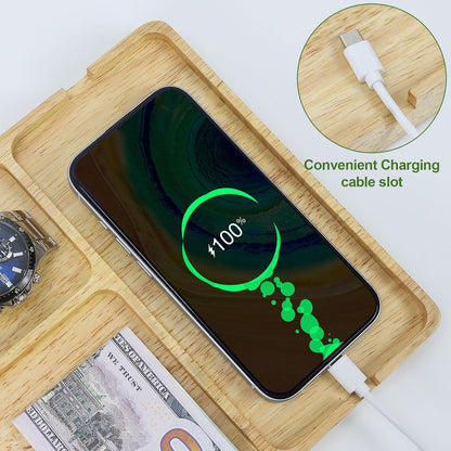 MultiBey Walnut Wood Valet Tray - Wooden Nightstand Organizer for Men Women, 4 Slot Desk Drawer Organizer Tray, EDC Catch All Tray with Cable Slot for Phone Watch Wallet Key Jewelry