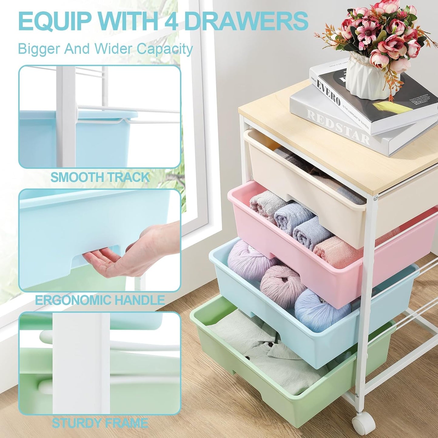 SYKIARIOL Utility Cart with 4 Drawers, Multipurpose Rolling Storage Cart with 4 Drawers and 2 Lockable Wheels, 4-Tier Rolling Storage Cart Organizer for Home Office Dorm, Bright White