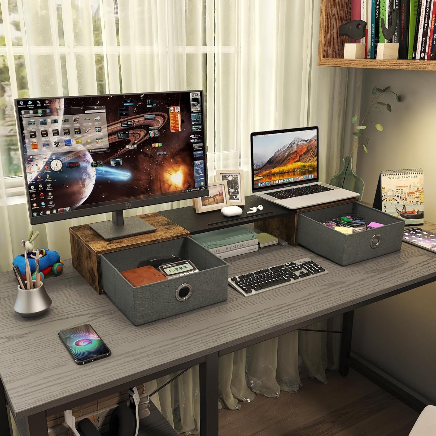 WESTREE Dual Monitor Stand Riser with Two Drawers, Extra Large Storage for 2 Monitors, Desktop Oraganizer Computer,Laptop,Screen,Printer,TV