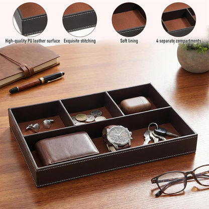 Faux Leather Valet Tray for Men, PU Leather Stackable Jewelry Tray, Men's Nightstand Caddy Trays, Valet Trays Desk Organizer for Key, Wallet, Phone, Coin, Sunglass, Watch, Brown
