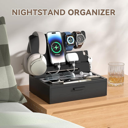 Pezin & Hulin Wooden Charging Station, Bedside Nightstand Tray, with Spacious Drawer, Felt Pads for Phones, Watch, Idea Gifts for Him Birthday, Son, Christmas for Papa Fathers Day (Nature)