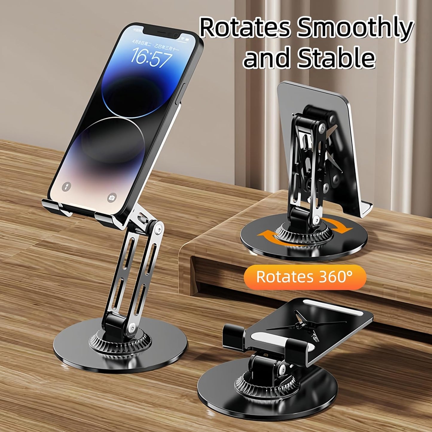 All-Metal Cell Phone Stand 360° Rotatable & Height Adjustable - 25KG Super Load-Bearing, Foldable Desk Stand for Phone, Compatible with iPhone 17/16/15/14, Nintendo Switch, Silver