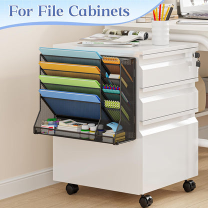 Jakyitvi File Organizer Wall Mounted, 4 Tiers Durable Adjustable Metal Desk Organizer, Desktop Hanging File Holder with 4 Pen Slots Stable, 4 Pull-Out Divider for File, Mail, Black, Patent Pending