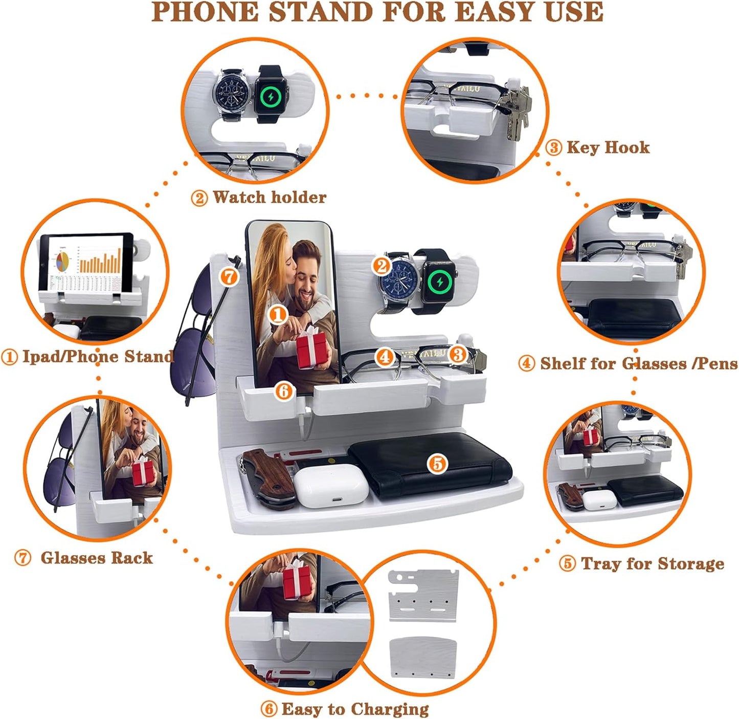 VEIYAILU Gifts for Men Women Dad Husband Boyfriend Wood Phone Docking Station Nightstand Organizer for Men Birthday Gifts (Dark Brown)