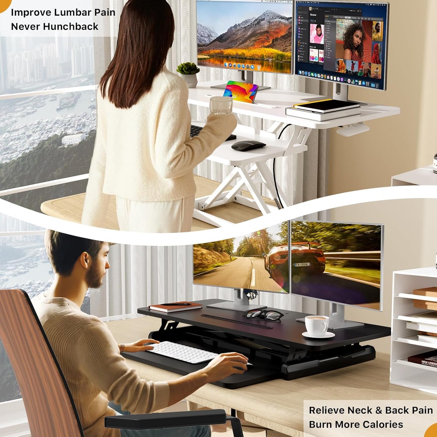 JOY worker Standing Desk Converter, 32" Wide Height Adjustable Sit Stand Up Desk Riser with Keyboard Tray, Desktop Workstation Riser for Home Office Computer Laptop, Particle Board, White