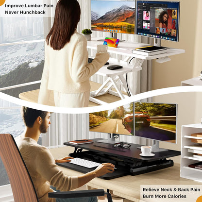 JOY worker Standing Desk Converter, 32" Wide Height Adjustable Sit Stand Up Desk Riser with Keyboard Tray, Desktop Workstation Riser for Home Office Computer Laptop, Particle Board, White