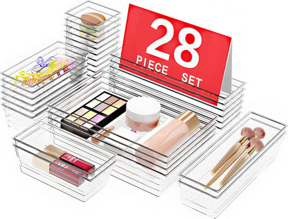 DCA 28 PCS Clear Plastic Drawer Organizers Set, 4-Size Versatile Bathroom and Vanity Drawer Organizer Trays, Storage Bins for Makeup, Bedroom, Kitchen Gadgets Utensils and Office