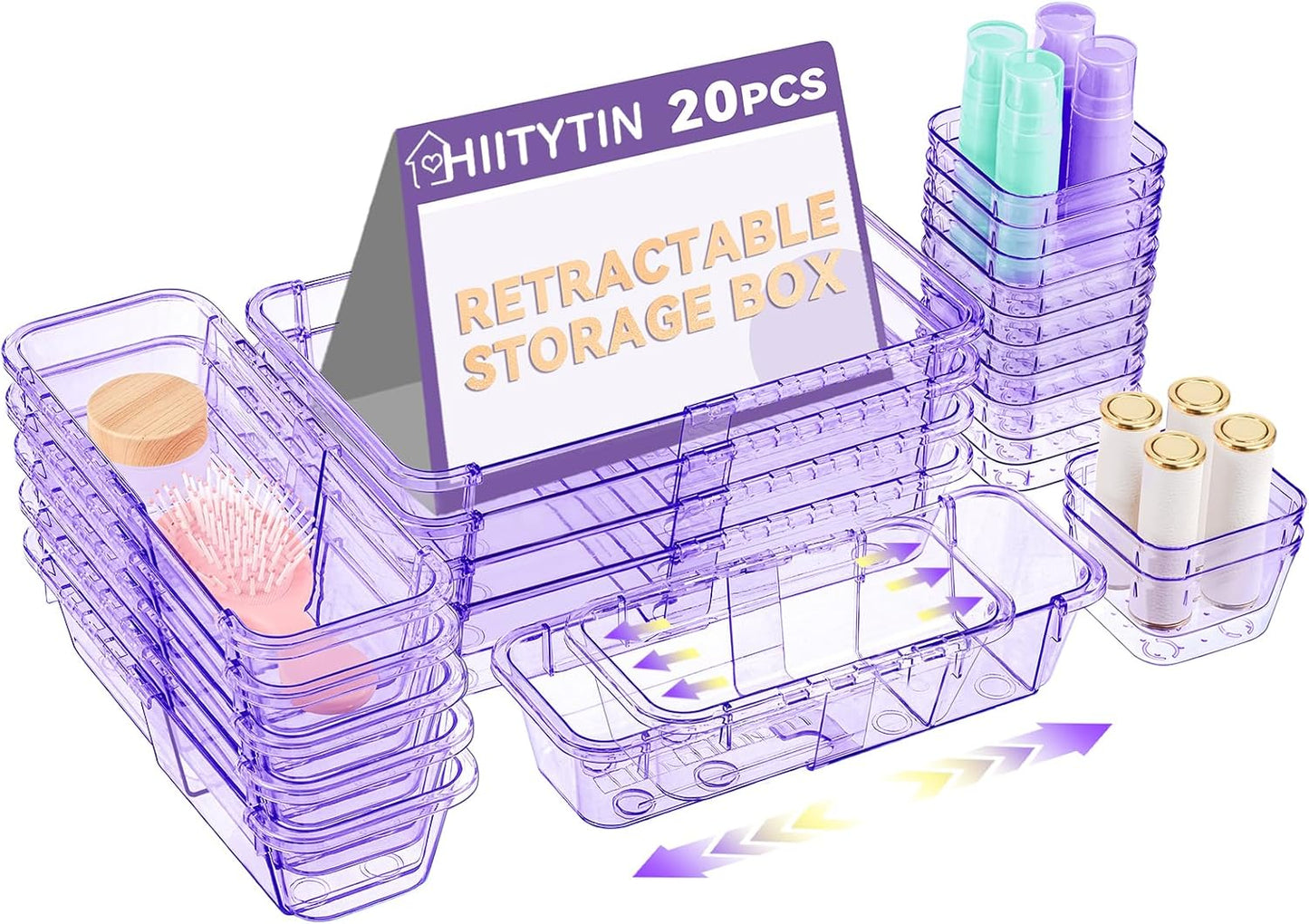 14 Pcs Adjustable Clear Drawer Organizer, Extendable Vanity Storage Bins, Desk Drawer Organizer Set for Makeup, Cosmetics, Bedroom, and Gadgets, Purple