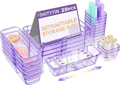 14 Pcs Adjustable Clear Drawer Organizer, Extendable Vanity Storage Bins, Desk Drawer Organizer Set for Makeup, Cosmetics, Bedroom, and Gadgets, Purple