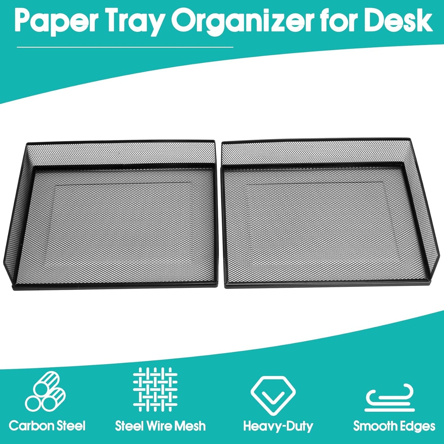 Wire Mesh Letter Trays Paper Tray Desk File Organizer, 2 Pack Stackable Metal Front-Load Documents Tray for Office Supplies File (Lengthways)
