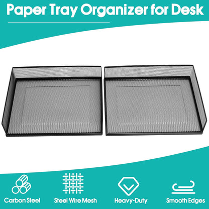 Wire Mesh Letter Trays Paper Tray Desk File Organizer, 2 Pack Stackable Metal Front-Load Documents Tray for Office Supplies File (Lengthways)