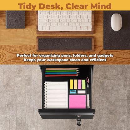 POPMOON 14 in Deep Under Desk Drawer,Pull Out Storage Organizer with Lock and Keys,Adjustable Height, Metal Storage Drawer with Slide Extension Mounted Under Flat Wooden Table or Workbench