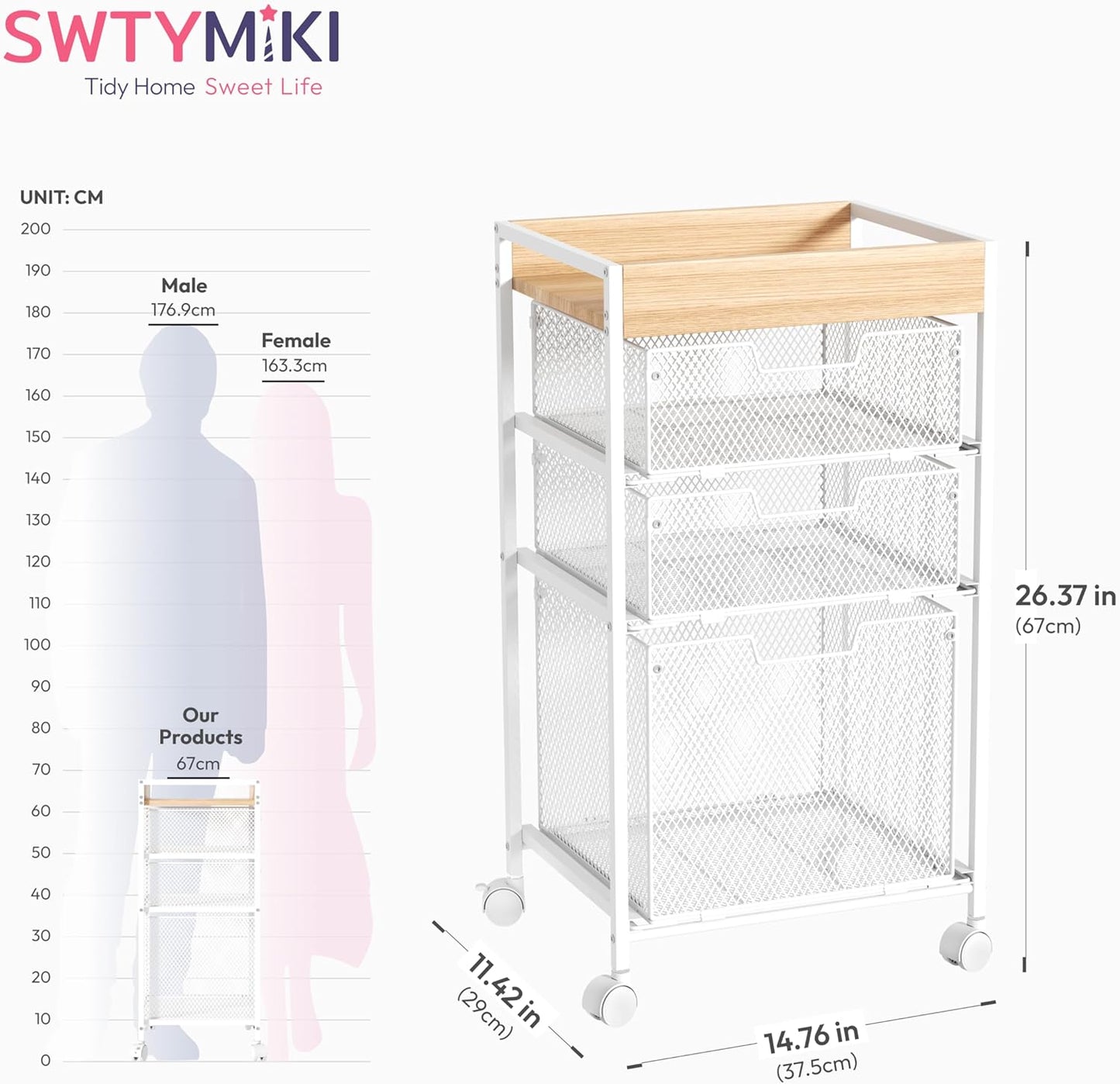 SWTYMIKI Rolling File Cart with Drawers - 4 Tier Under Desk Storage Craft Rolling Organizer Cart - Office Storage &Organization, Mobile Metal Filing Cabinet for Office and Home Espresso