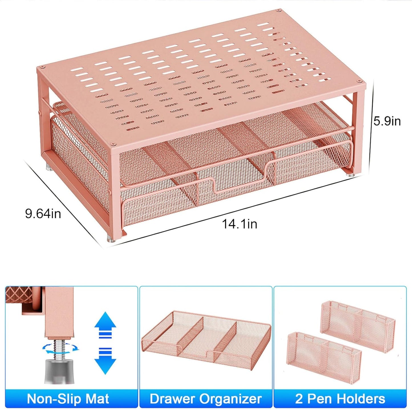 gianotter Wood Monitor Stand Riser, Office Desk Shelf Organizer, Desk Organizer with Drawer and Pen Holder, 2-Tier Computer Stand, Office Organization (Ink)