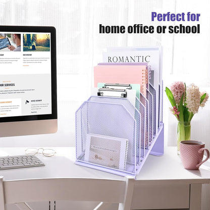 SUMMORO Inclined File Organizer for Desk, 7-Section Vertical File Folder Holder Office Desk Organizer Metal Rack File Wire Mesh Desktop Document Sorter for Office School Classroom Home (Black)