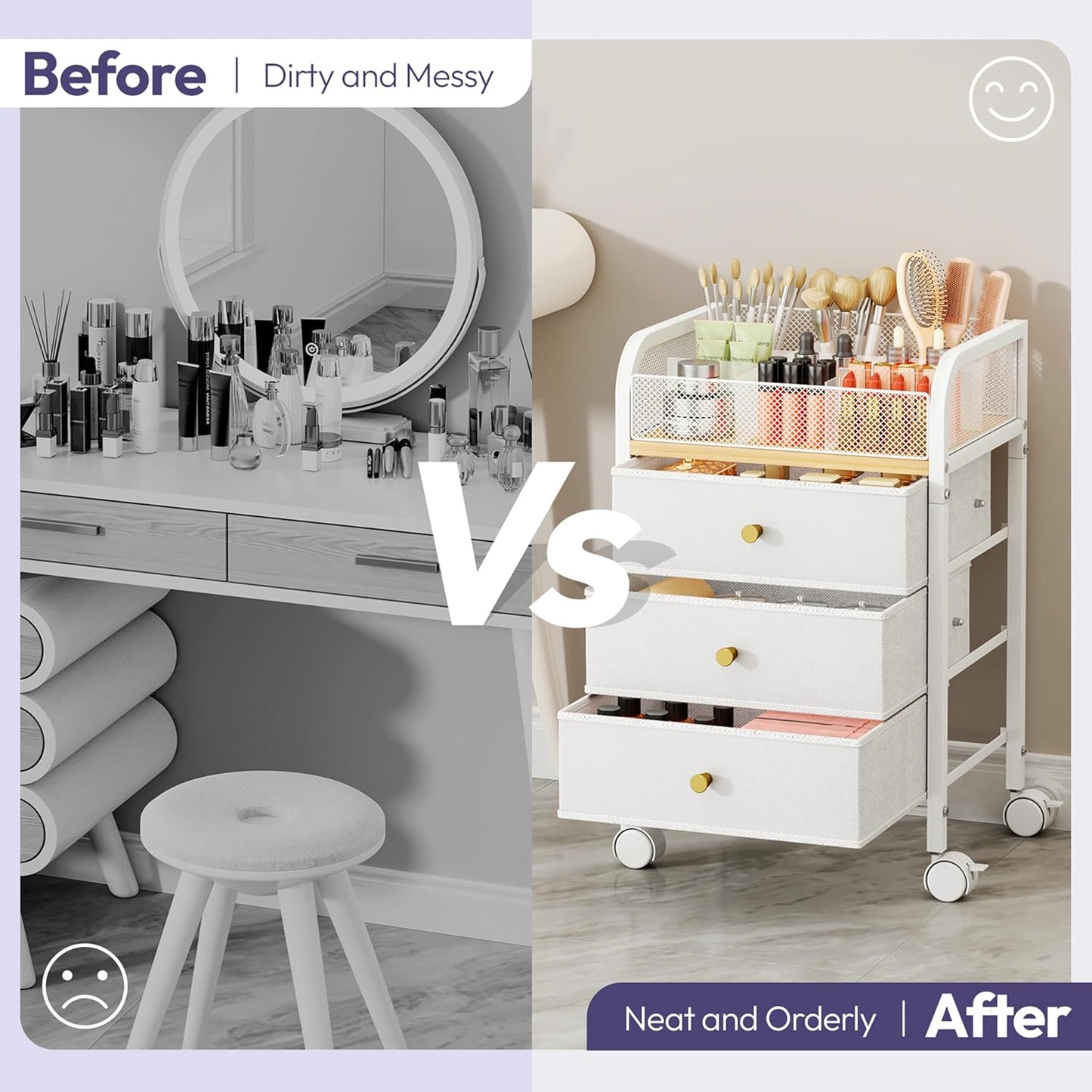 SWTYMIKI Rolling Makeup Organizer Cart - Under Desk Vanity Makeup Storage with 3 Non-woven Drawers, Nail Cart Organizer Cosmetic Display Cases Cabinet for Skin Care Perfume Nail Polish Brush Hair Tool