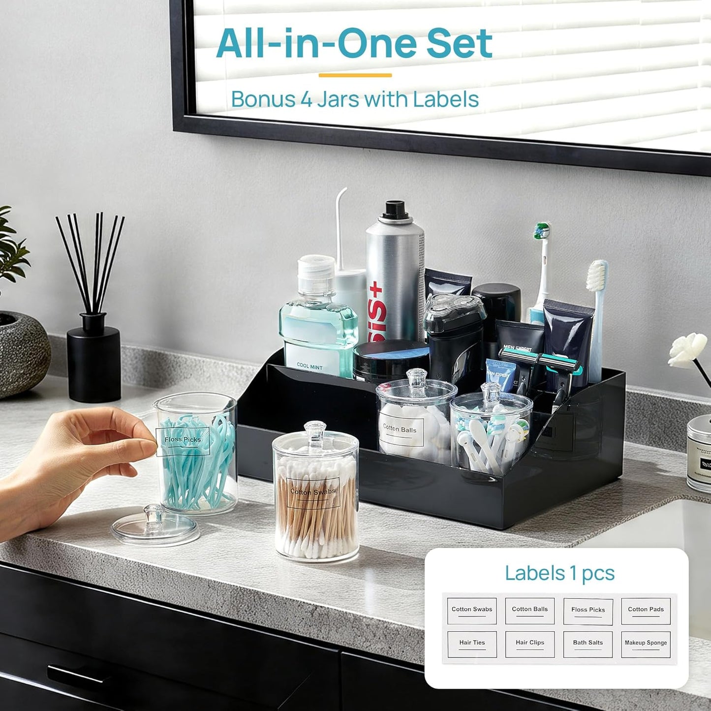 Vtopmart 6 PCS Bathroom Countertop Organizer, 1 Divided Tray with 4 Qtip Holder Jars and 1 Drawers, Restroom Clear Organizers for Toothbrush, Cotton Pads, Vanity Accessories Storage Set